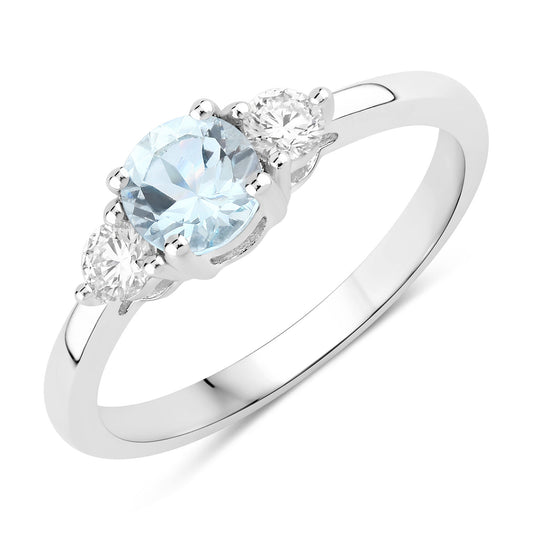 Fine Color Jewels 0.60 Ct Genuine Aquamarine and Lab Grown Diamond Silver 3 Stone Ring