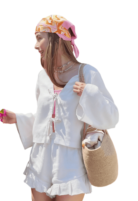 Chic YC Women's Tie-Front Kimono Top and Ruffle Hem Shorts 2 Piece Set Casual Summer Co Ord Outfit