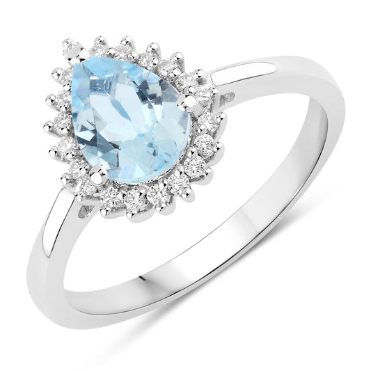 Fine Color Jewels 0.95 Ct Genuine Aquamarine and Lab Grown Diamond Silver Pear Shaped Halo Ring
