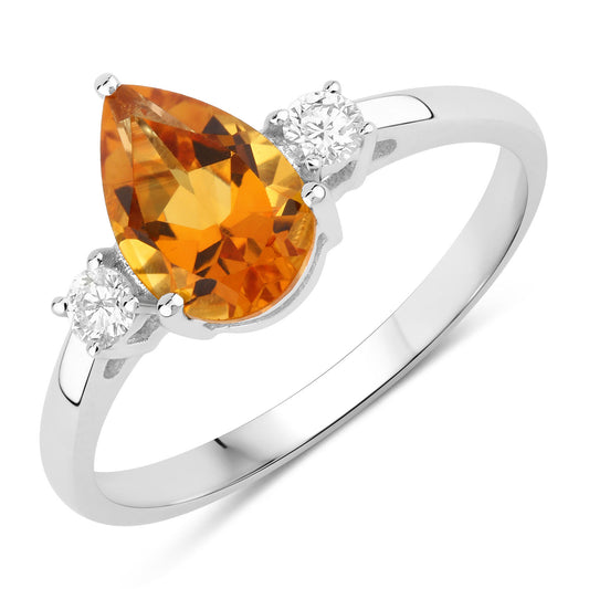 Fine Color Jewels 1.17 Ct Genuine Pear Shaped Madeira Citrine and Lab Grown Diamond Silver 3 Stone Ring