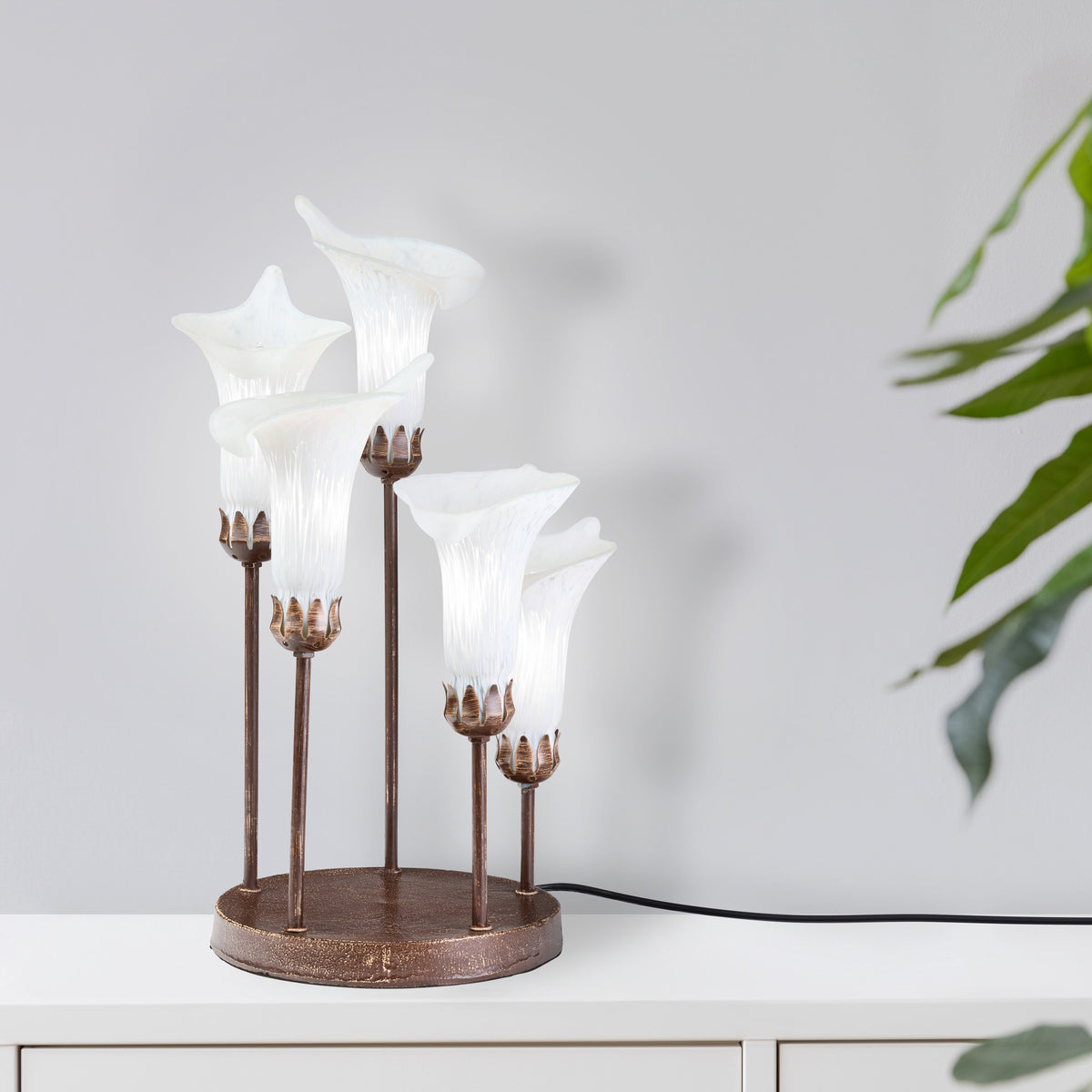 River of Goods 19.5" H Calla Lily Bronze Base with White Glass Bell Shades Candlestick Table Lamp