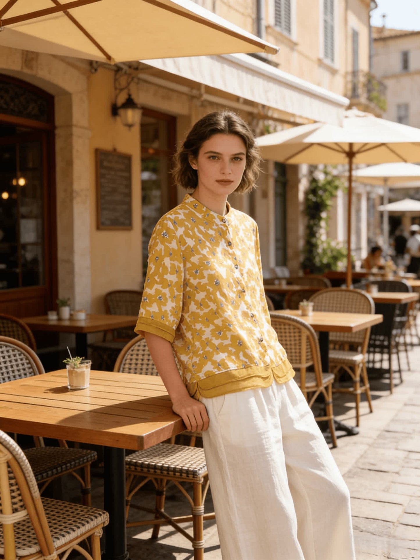 Chic YC Women's Floral Print Stand Collar Blouse Short Sleeve Button-Down Casual Summer Top