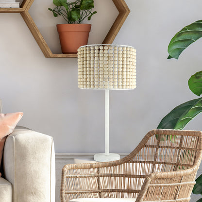 River of Goods 25" Eliza White Metal & Tan Wood Beaded Drum Shade Table Lamp