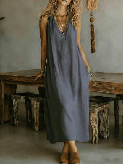 Chic YC Women's Sleeveless V-Neck Linen Blend Maxi Dress Loose Fit Summer Casual Boho Dress