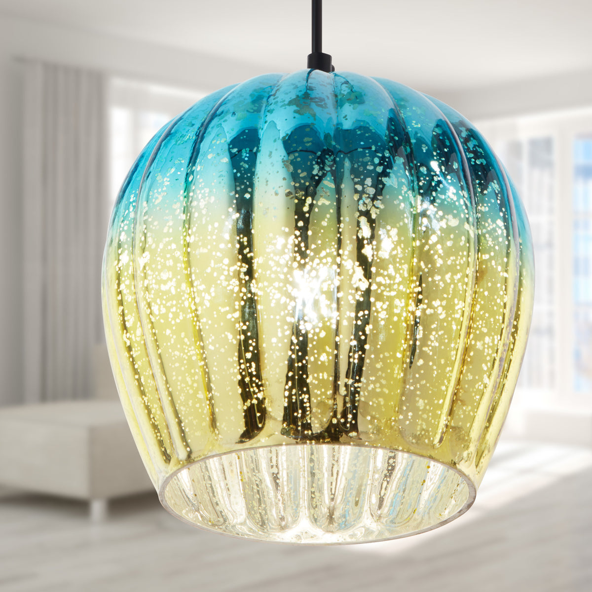 River of Goods 9" W Nalia Glam Gold and Teal Mercury Glass Globe Shade Pendant Light