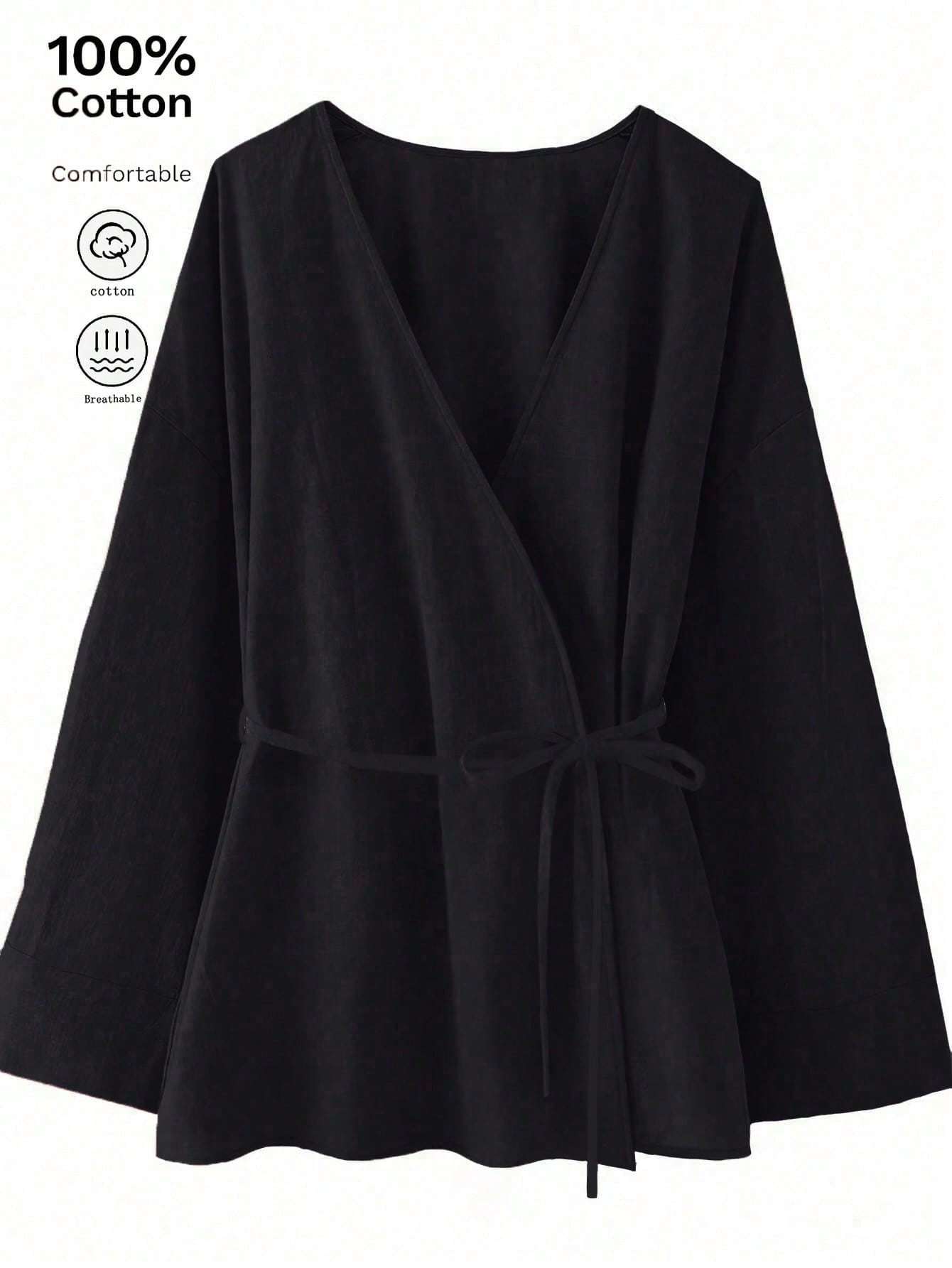 Chic YC Women's Wrap V Neck Tie Waist Kimono Blouse Long Sleeve Casual Cotton Top - Black