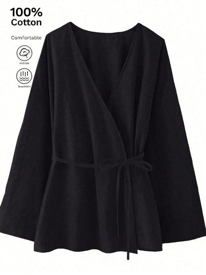 Chic YC Women's Wrap V Neck Tie Waist Kimono Blouse Long Sleeve Casual Cotton Top - Black