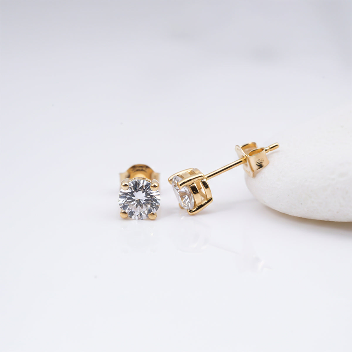 Sterling Silver 14K Yellow Gold Plated Diamond Solitaire Stud Earrings