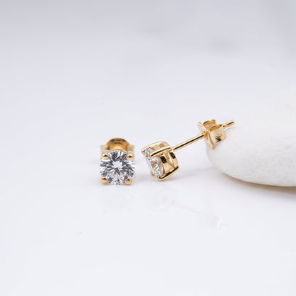 Sterling Silver 14K Yellow Gold Plated Diamond Solitaire Stud Earrings