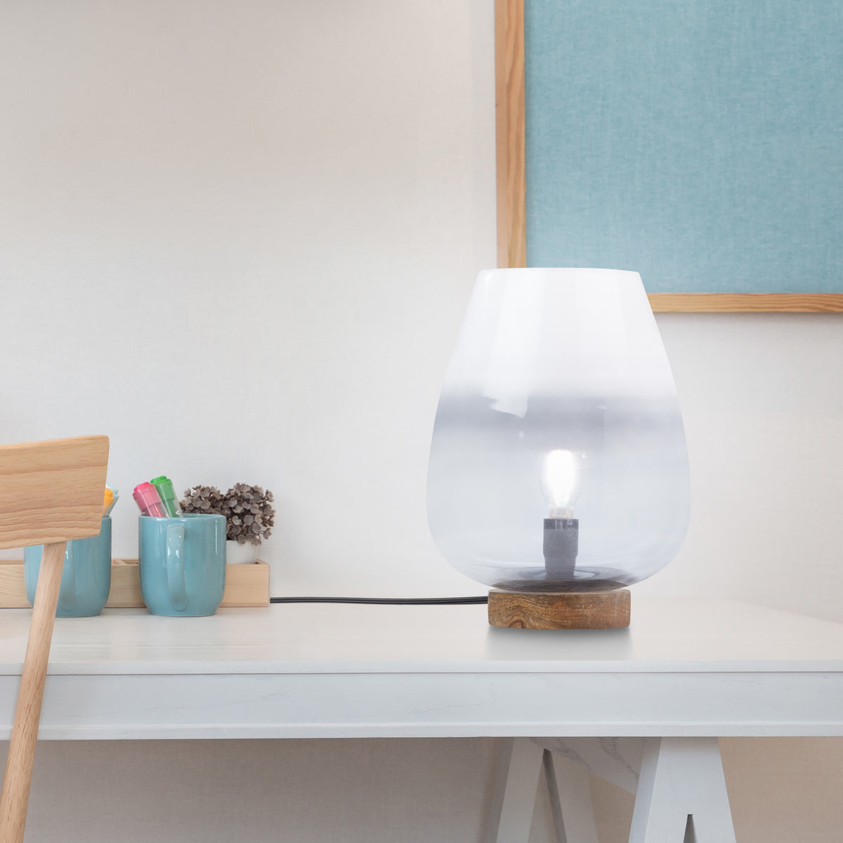 River of Goods 10.5" H Briggs Blue/White Ombre Globe-Like Shade Accent Lamp with a Mango Wood Block Base