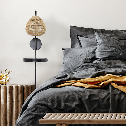 River of Goods Yara 32.75” High Black Satin Painted Iron Candlestick Wall Sconce with Round Tan Rattan Shade and 2 USB Charging Ports