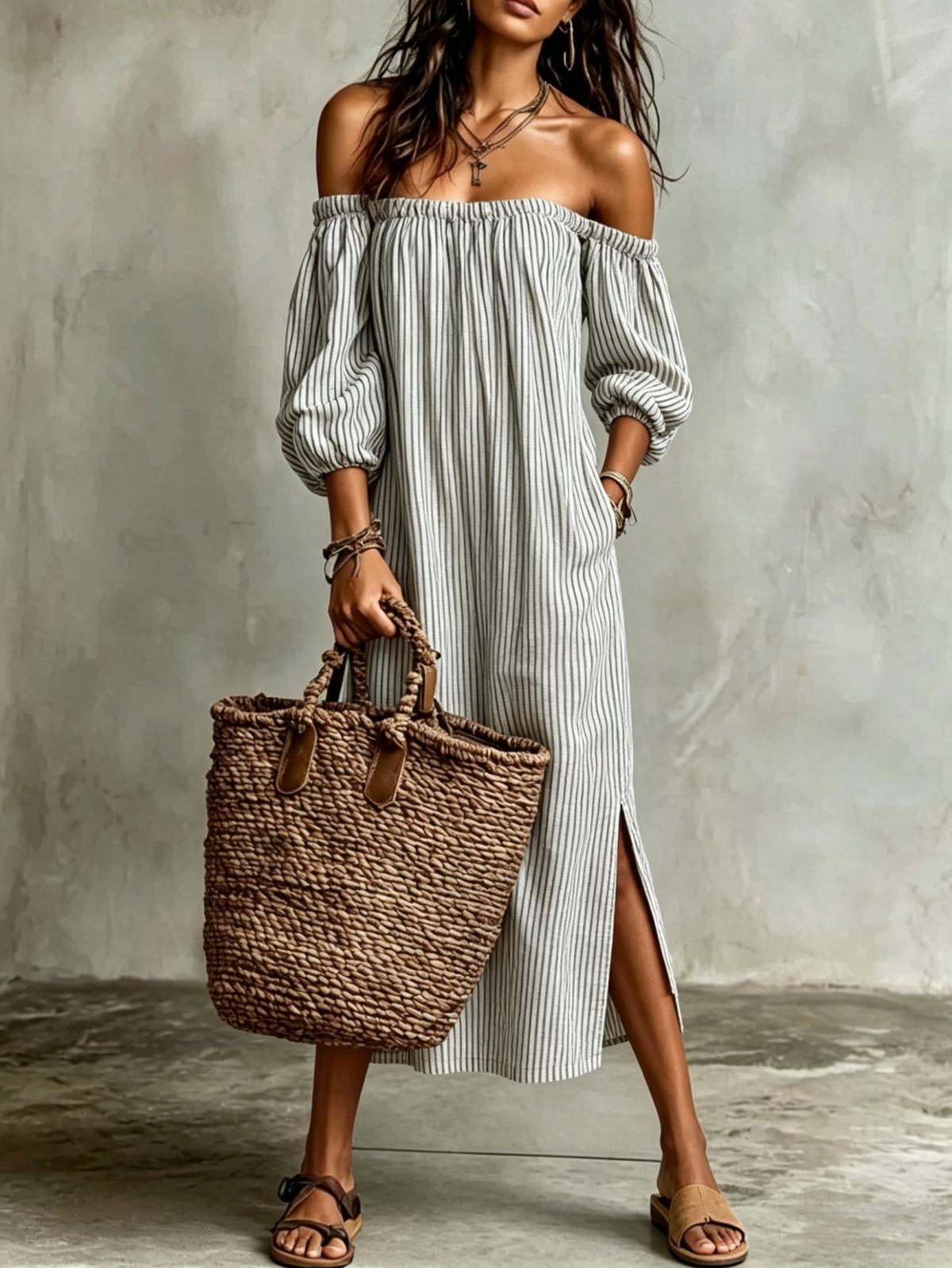 Chic YC Women's Striped Off-Shoulder Maxi Dress 3/4 Sleeve Summer Casu Chic YC Women's Striped Off-Shoulder Maxi Dress 3/4 Sleeve Summer Casu