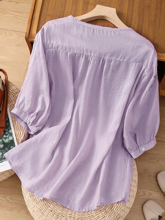 Chic YC Women's Floral Embroidered 3/4 Sleeve Blouse Ruffled Crew Neck Summer Top