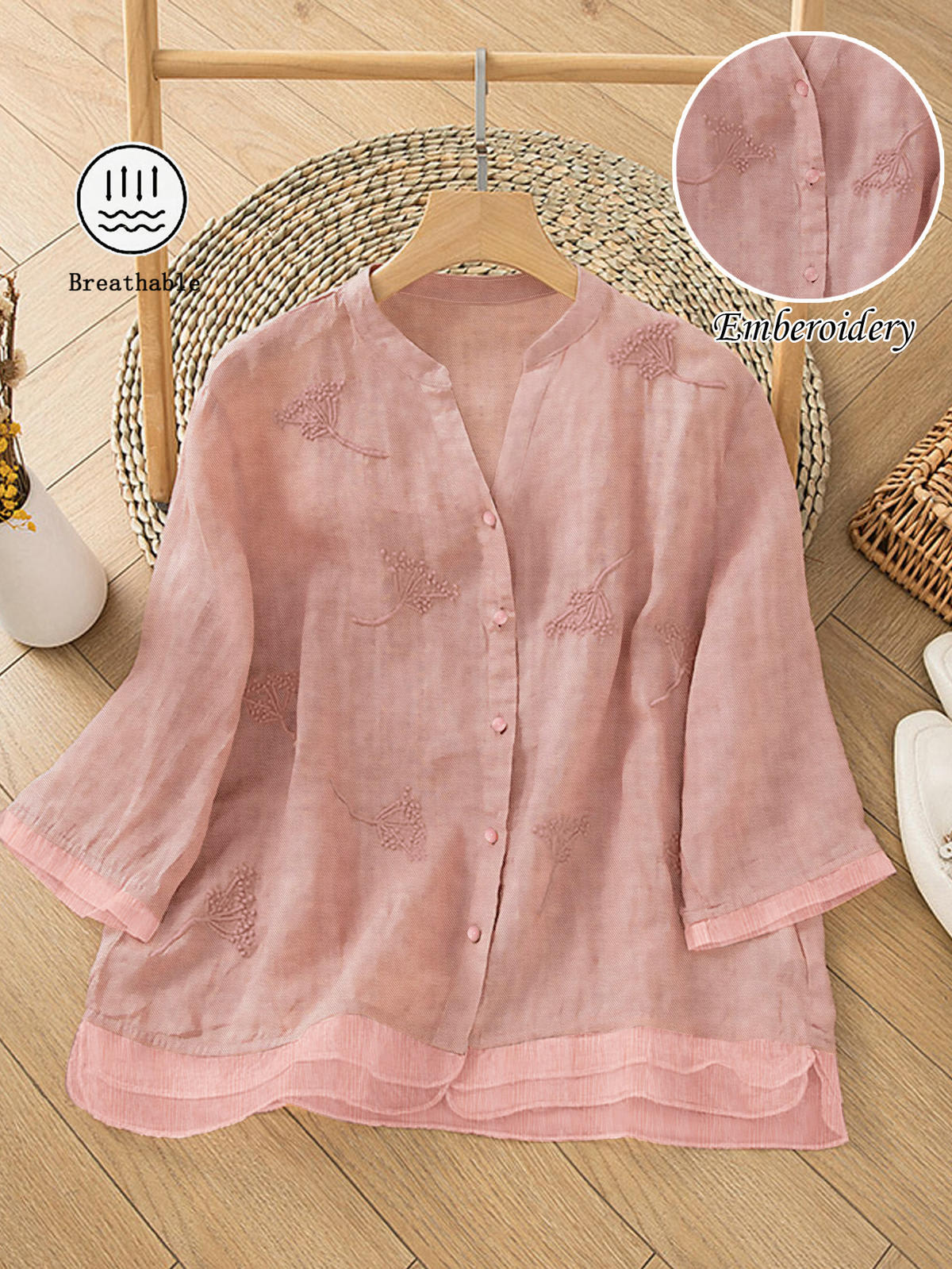 Chic YC Women's Floral Embroidery V-Neck Blouse 3/4 Sleeve Summer Casual Button-Down Shirt