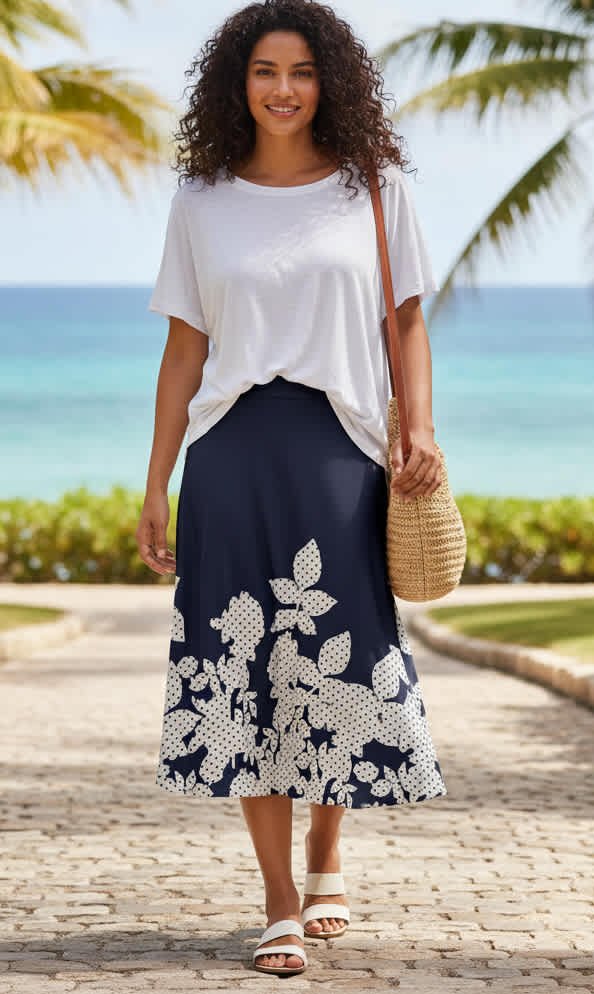 Navy White Floral Border Print-