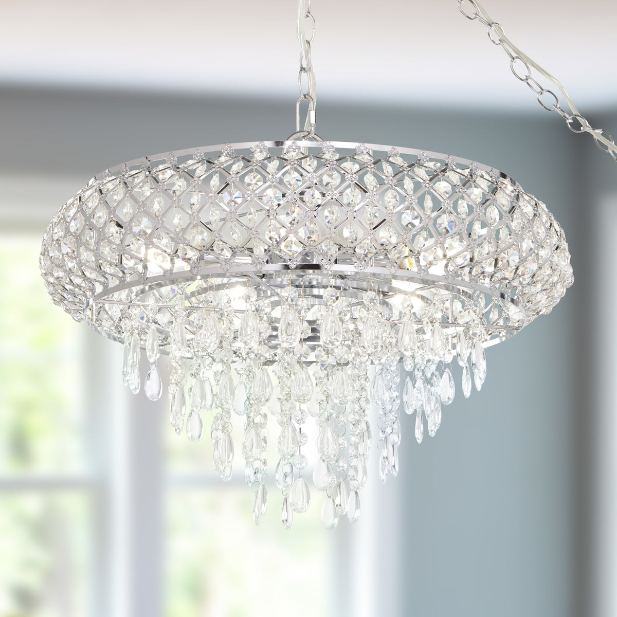 River of Goods 14.25"H Clear and Chrome Tiered Crystal Glass Plug-in and Hardwire Hanging Chandelier