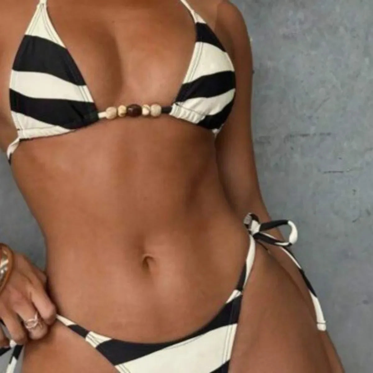 Women's Black White Stripe Triangle Bikini
