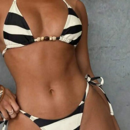 Women's Black White Stripe Triangle Bikini