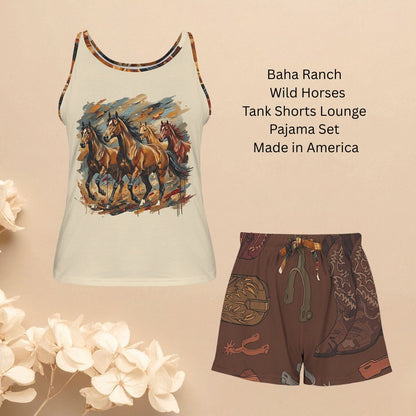 Baha Ranch Wild Horses Western Pajama Lounge Tank Shorts Set Made in America