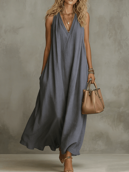 Chic YC Women's Sleeveless V-Neck Linen Blend Maxi Dress Loose Fit Summer Casual Boho Dress