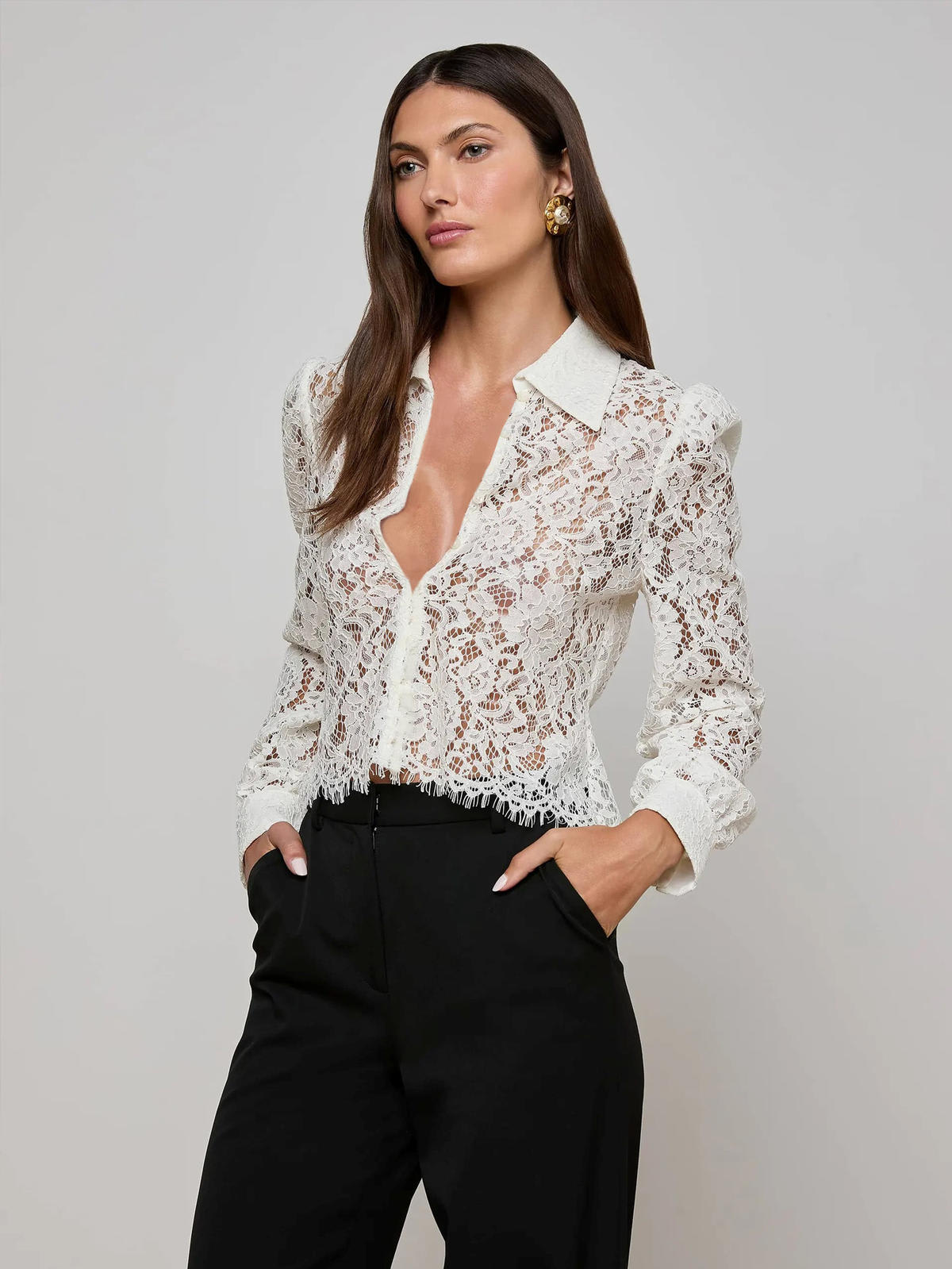 Chic YC Women's Crochet Lace Button-Down Blouse Long Sleeve Summer