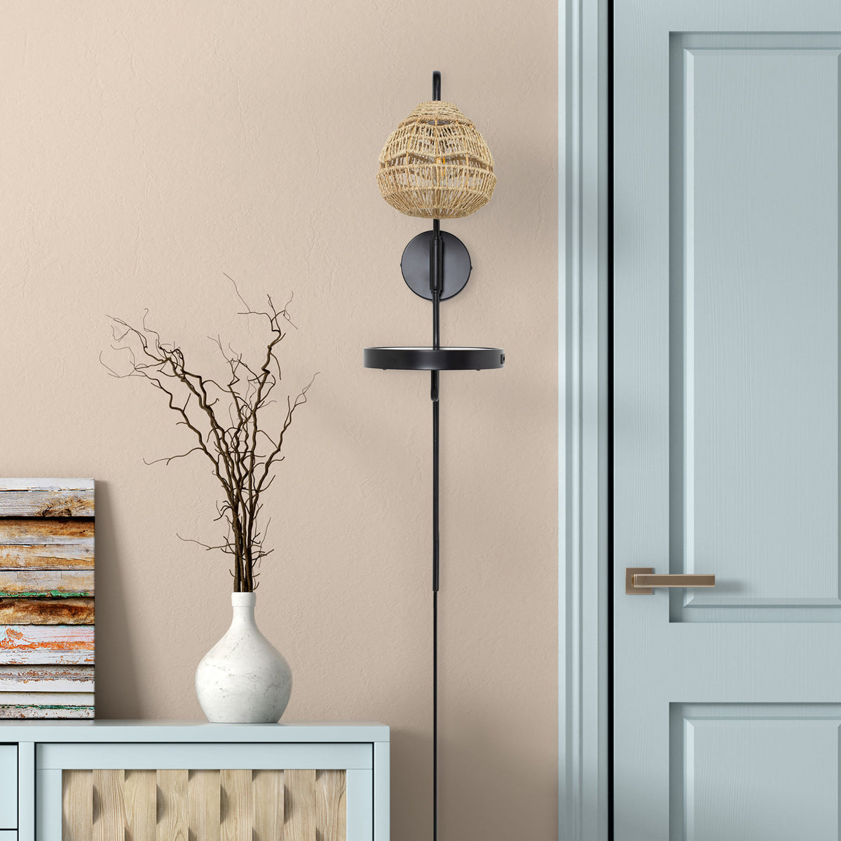 River of Goods Yara 32.75” High Black Satin Painted Iron Candlestick Wall Sconce with Round Tan Rattan Shade and 2 USB Charging Ports