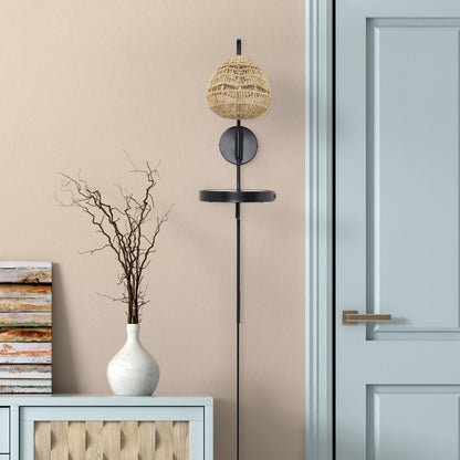 River of Goods Yara 32.75” High Black Satin Painted Iron Candlestick Wall Sconce with Round Tan Rattan Shade and 2 USB Charging Ports