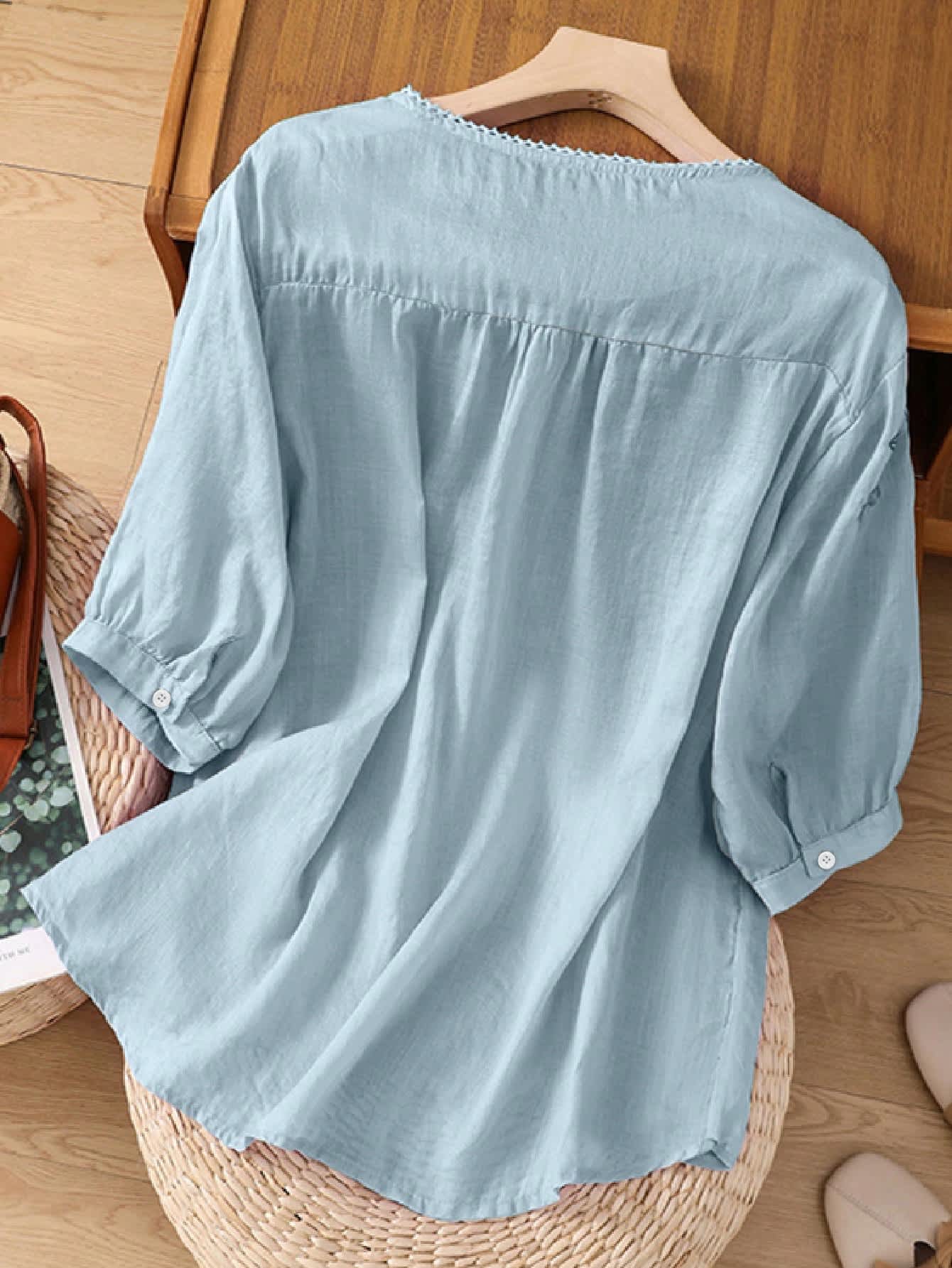 Chic YC Women's Floral Embroidered 3/4 Sleeve Blouse Ruffled Crew Neck Summer Top