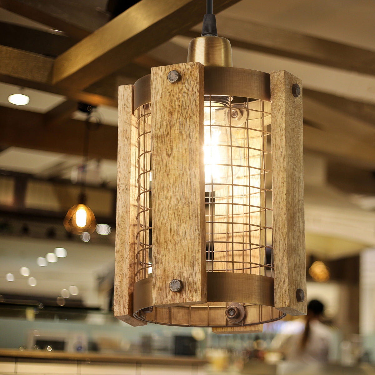 River of Goods 5" W Maxine Brushed Gold Metal Pendant Light with Wood Shade