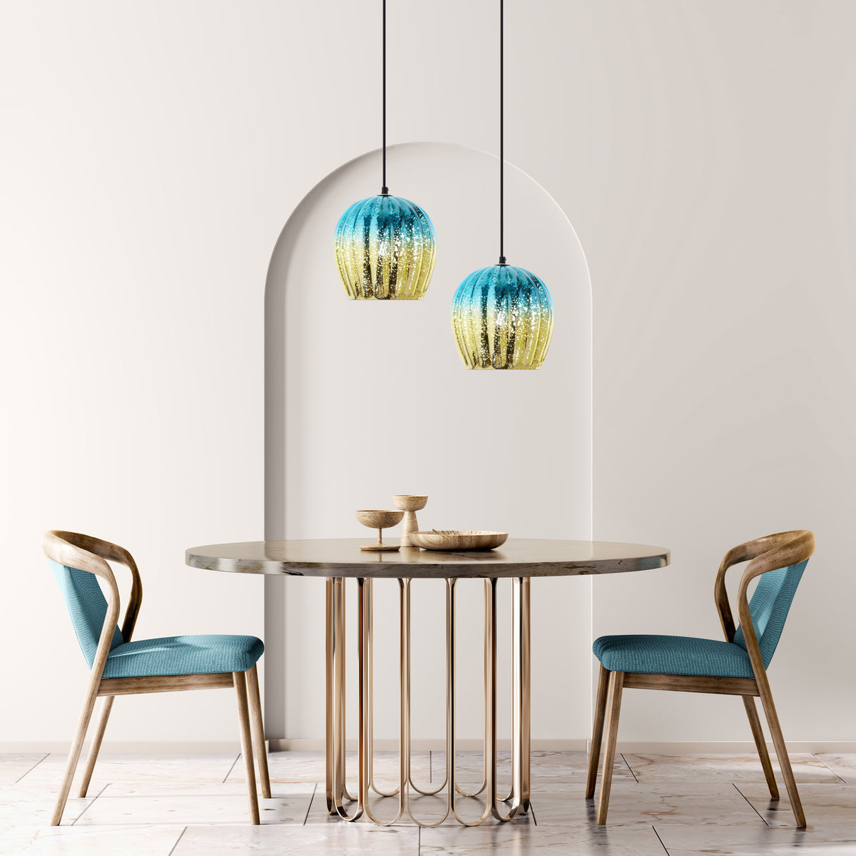 River of Goods 9" W Nalia Glam Gold and Teal Mercury Glass Globe Shade Pendant Light