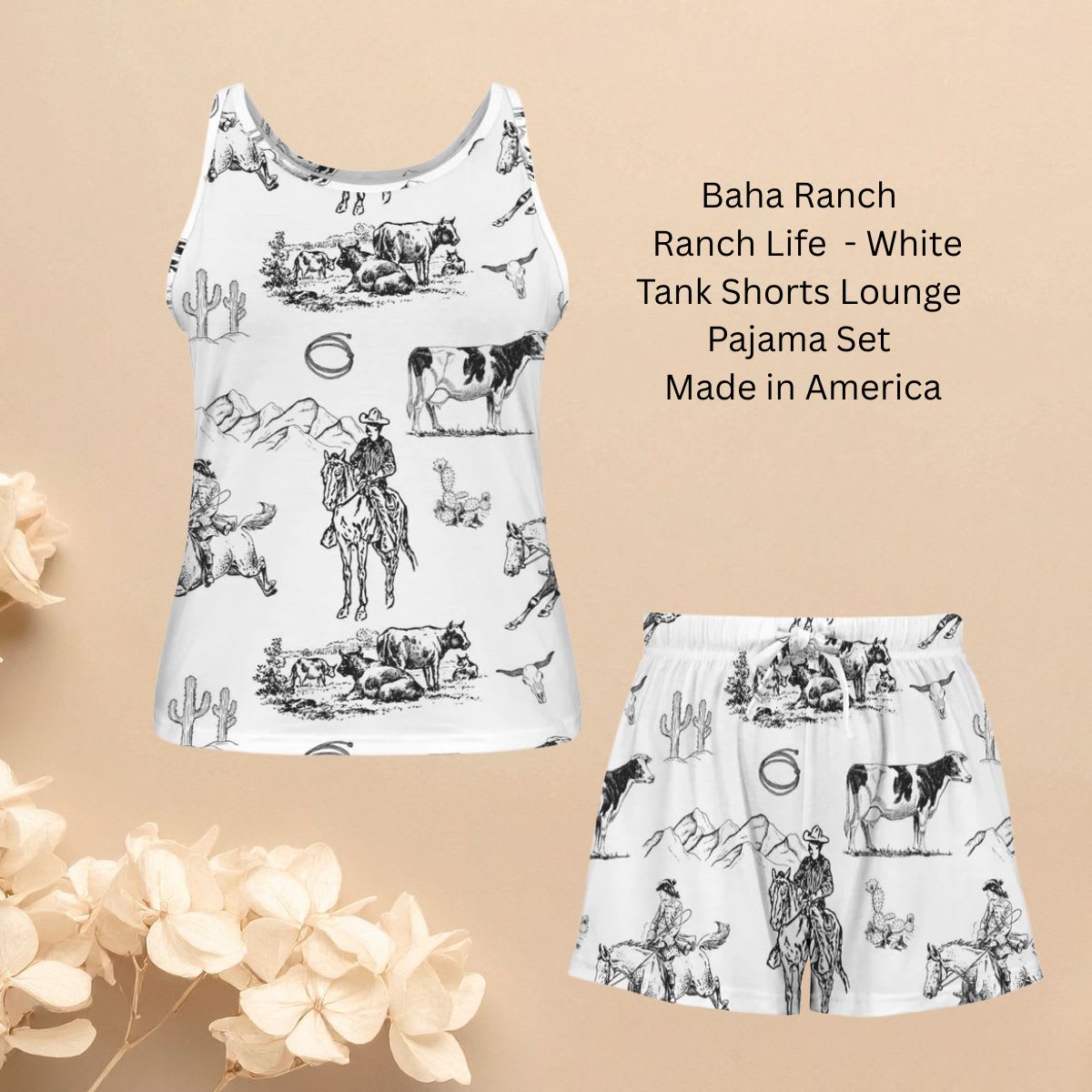 Baha Ranch Ranch Life White Pajama Lounge Tank Shorts Set Made in America