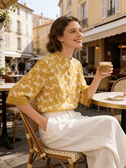 Chic YC Women's Floral Print Stand Collar Blouse Short Sleeve Button-Down Casual Summer Top