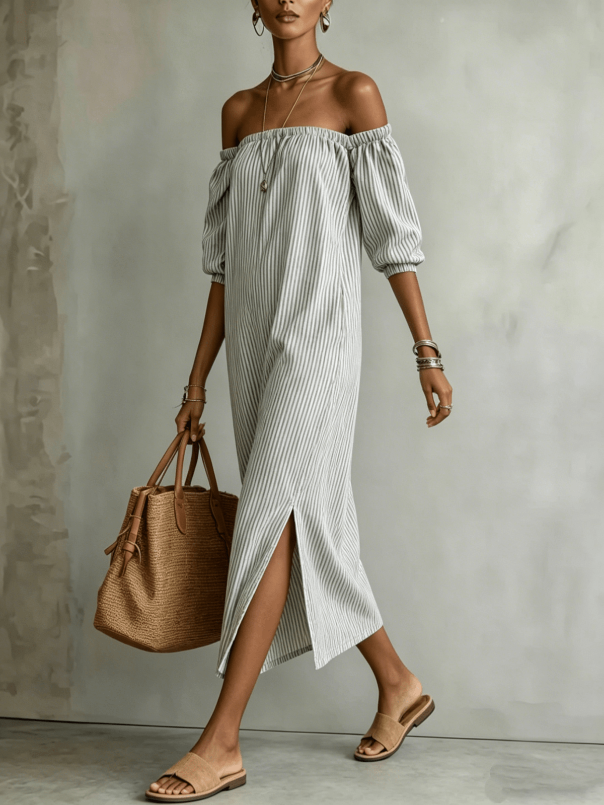Chic YC Women's Striped Off-Shoulder Maxi Dress 3/4 Sleeve Summer Casual Linen Blend Dress