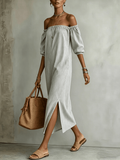 Chic YC Women's Striped Off-Shoulder Maxi Dress 3/4 Sleeve Summer Casual Linen Blend Dress