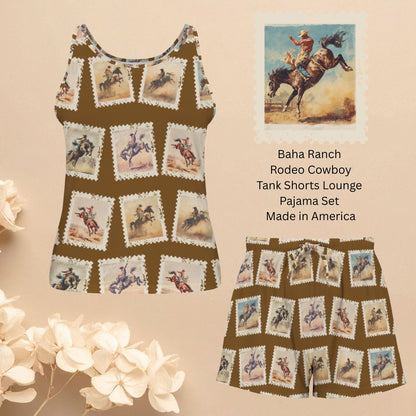 Baha Ranch Stamped Rodeo Cowboy Pajama Lounge Tank Shorts Set Made in America