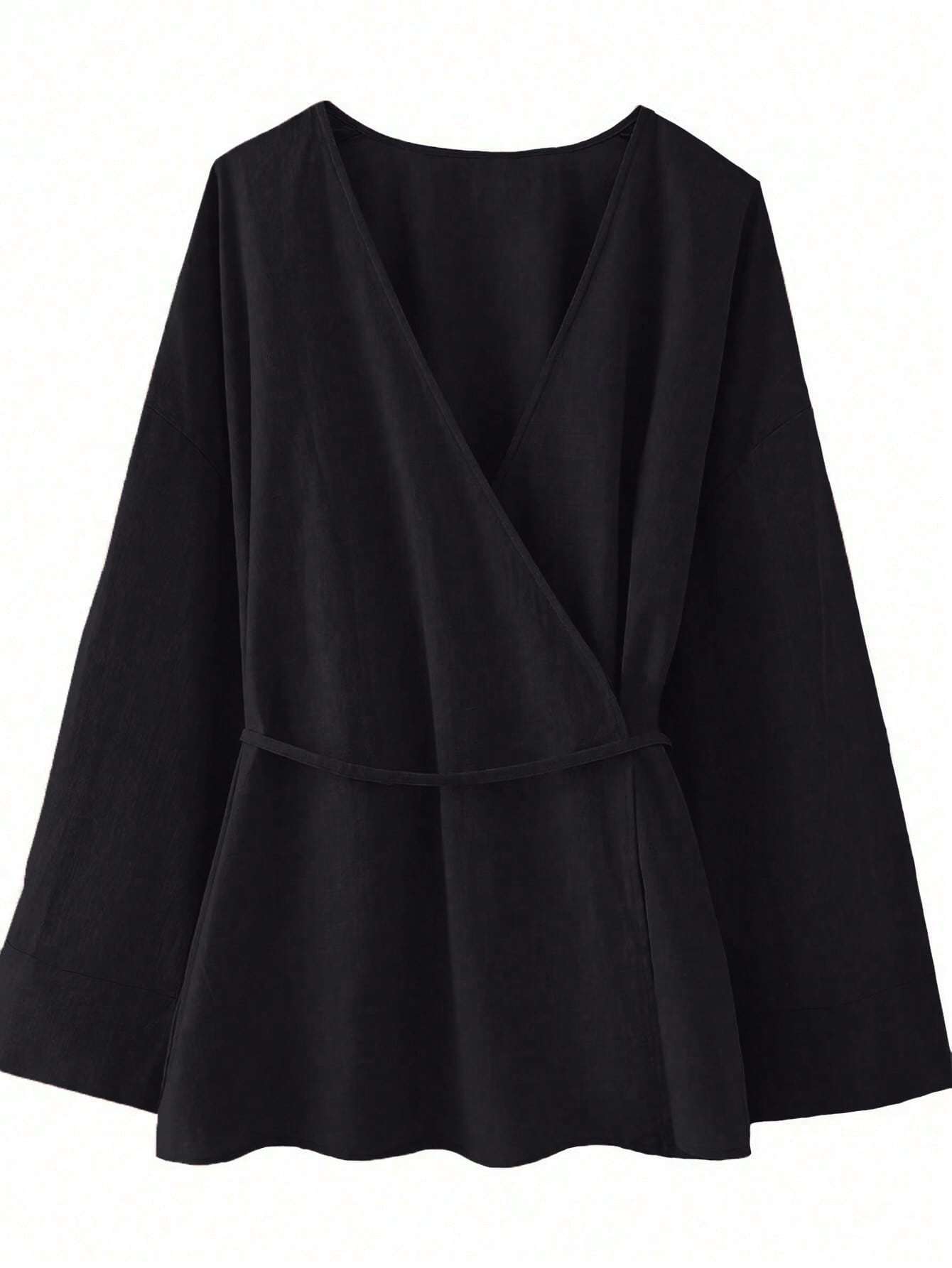 Chic YC Women's Wrap V Neck Tie Waist Kimono Blouse Long Sleeve Casual Cotton Top - Black