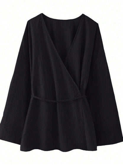 Chic YC Women's Wrap V Neck Tie Waist Kimono Blouse Long Sleeve Casual Cotton Top - Black
