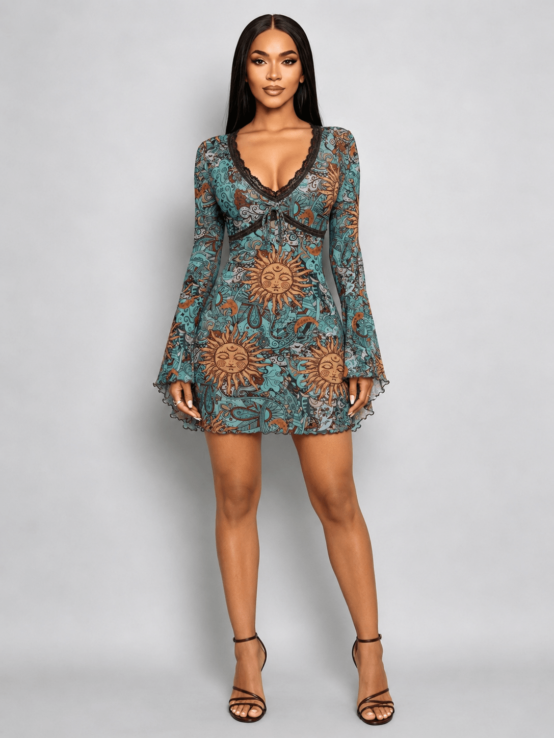 v neck dress with bell sleeves Semi Sleeve Sexy Formal Church Dresses for Women Bishop Midi Dresses parties and casual outings Lace & Beads deep v-neck