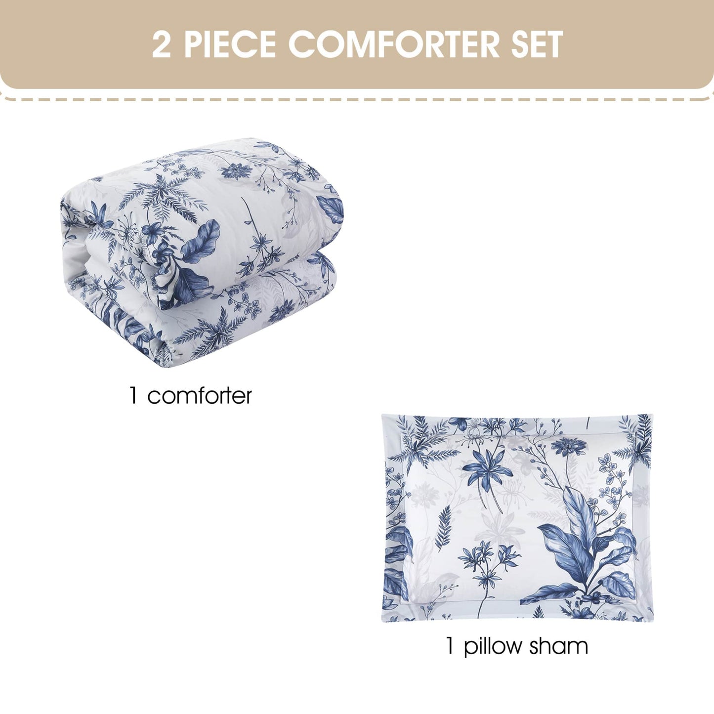 Nanshing White Blue Comforter Set, 2 Piece Elegant Floral Bedding,Twin Size Microfiber Print Bedding Set, Super Soft Comforter & 1 Pillow Sham, Home Decor
