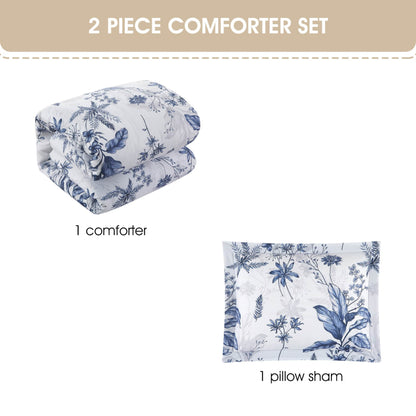 Nanshing White Blue Comforter Set, 2 Piece Elegant Floral Bedding,Twin Size Microfiber Print Bedding Set, Super Soft Comforter & 1 Pillow Sham, Home Decor