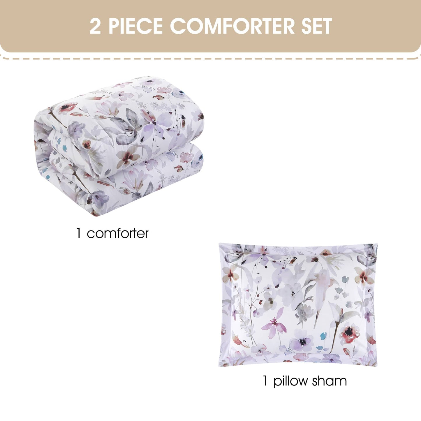Nanshing Purple Comforter Set, 2 Piece Elegant Floral Bedding, Microfiber Print Bedding Set, Super Soft Comforter & 1 Pillow Sham, Home Decor