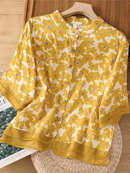 Chic YC Women's Floral Print Stand Collar Blouse Short Sleeve Button-Down Casual Summer Top