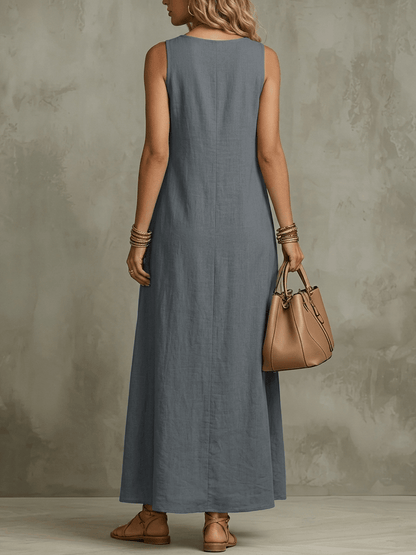 Chic YC Women's Sleeveless V-Neck Linen Blend Maxi Dress Loose Fit Summer Casual Boho Dress