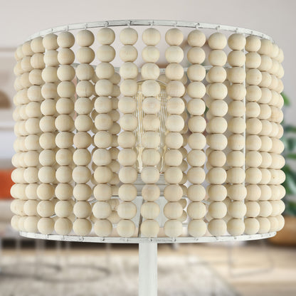River of Goods 25" Eliza White Metal & Tan Wood Beaded Drum Shade Table Lamp