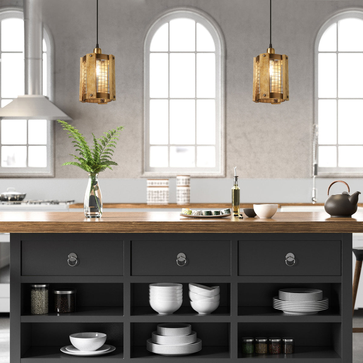 River of Goods 5" W Maxine Brushed Gold Metal Pendant Light with Wood Shade