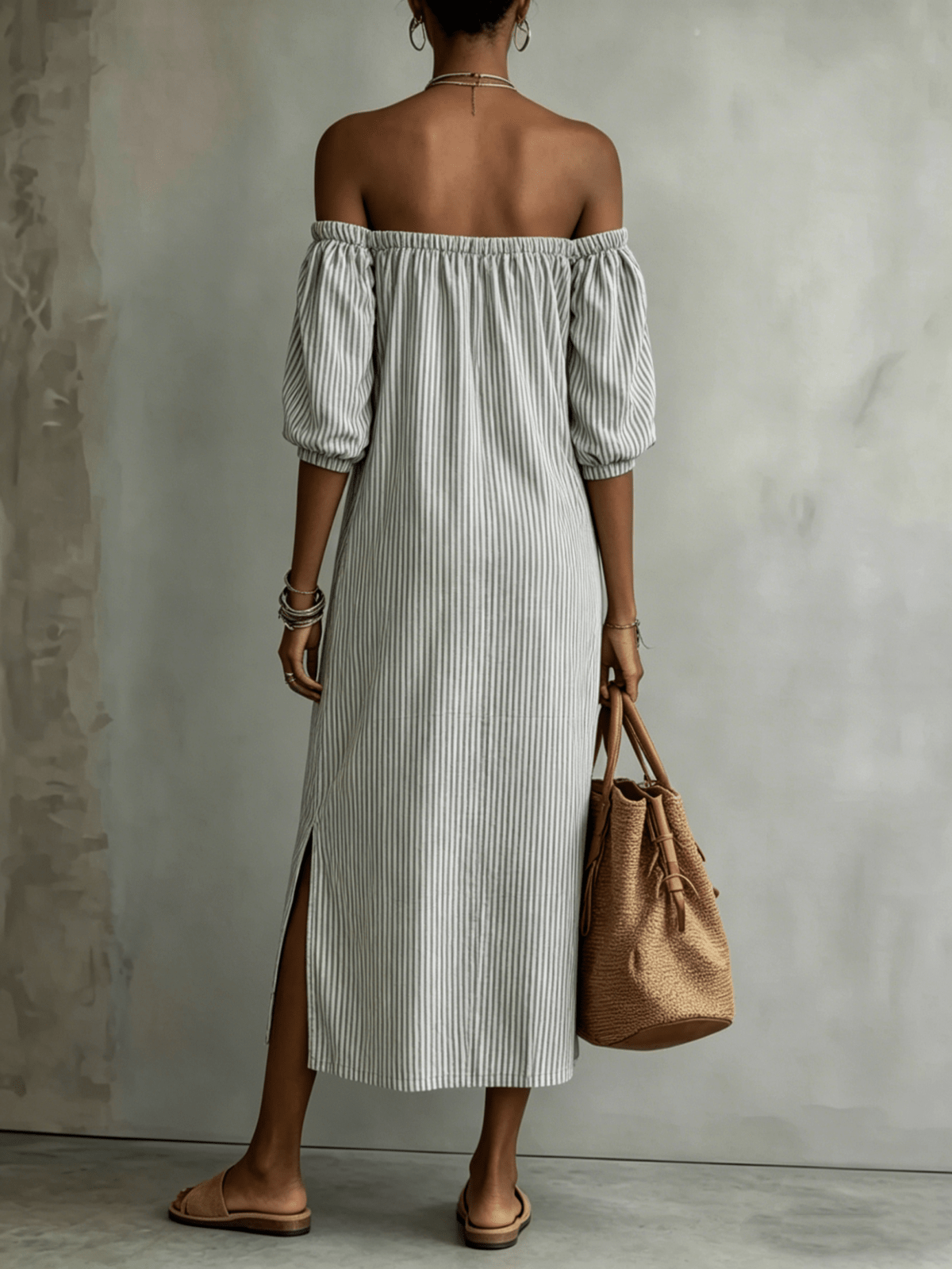 Chic YC Women's Striped Off-Shoulder Maxi Dress 3/4 Sleeve Summer Casual Linen Blend Dress