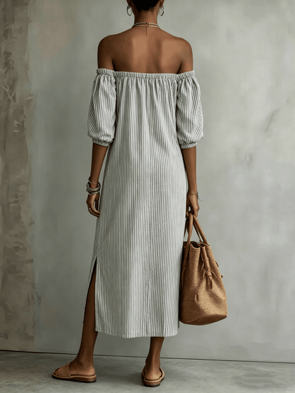 Chic YC Women's Striped Off-Shoulder Maxi Dress 3/4 Sleeve Summer Casual Linen Blend Dress