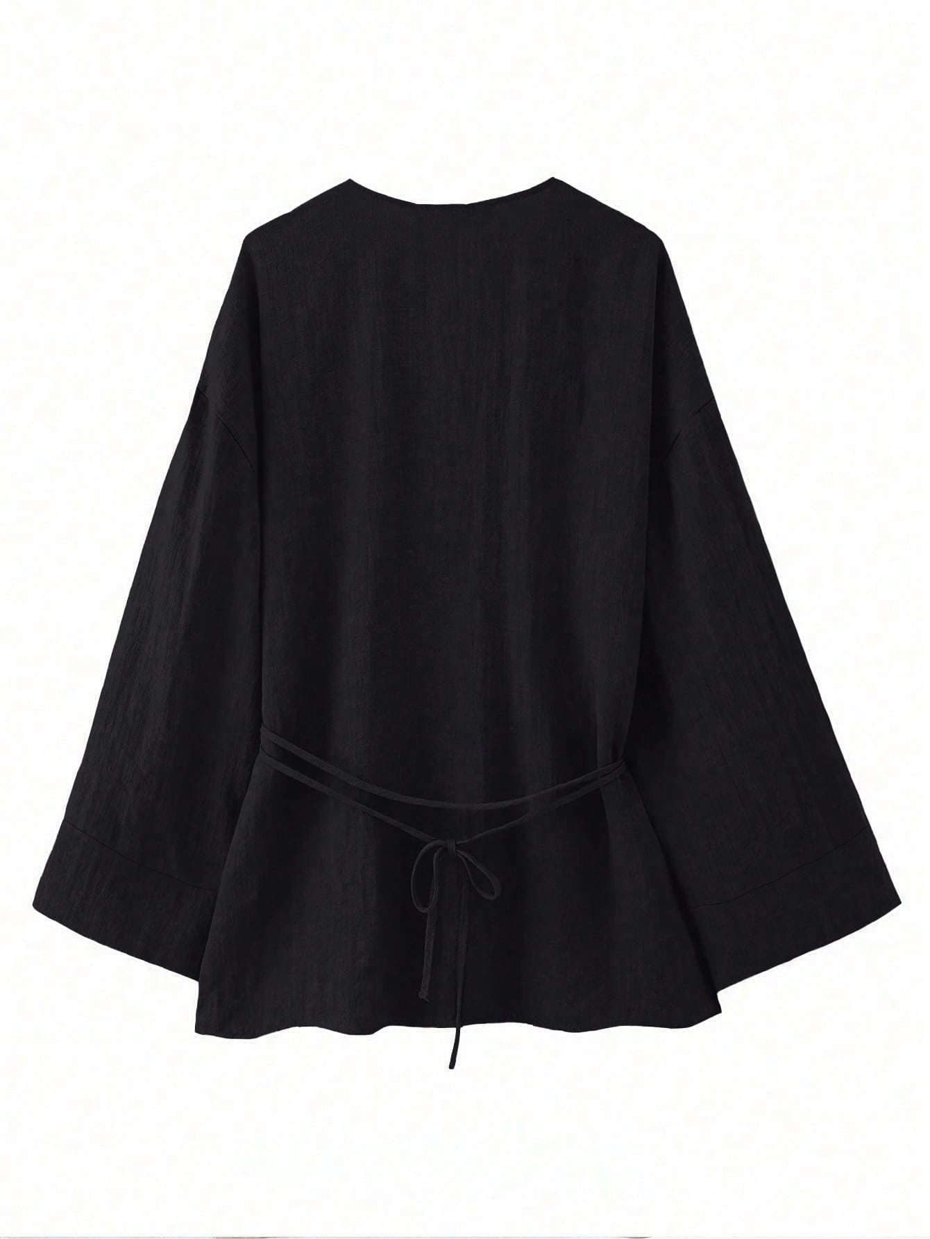 Chic YC Women's Wrap V Neck Tie Waist Kimono Blouse Long Sleeve Casual Cotton Top - Black