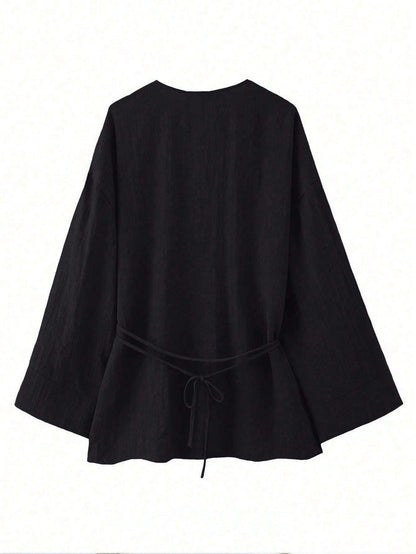 Chic YC Women's Wrap V Neck Tie Waist Kimono Blouse Long Sleeve Casual Cotton Top - Black