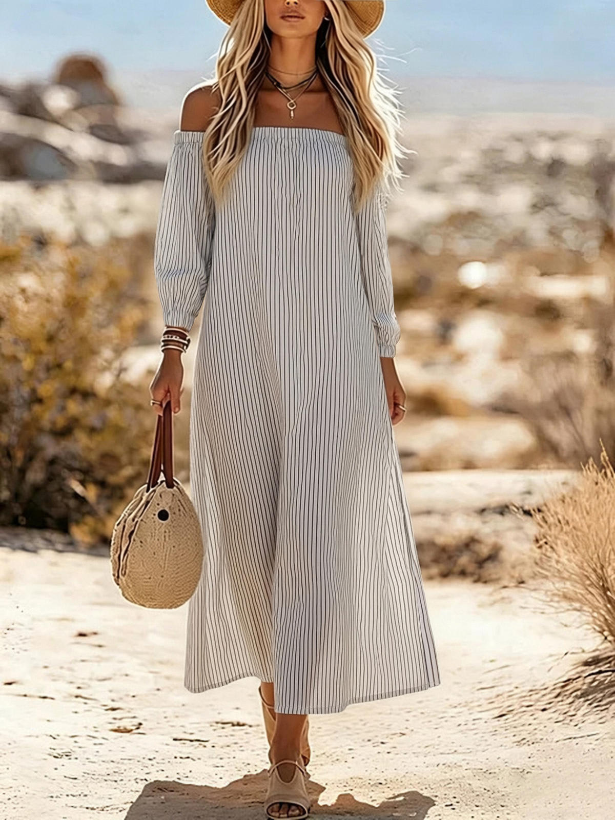 Chic YC Women's Striped Off-Shoulder Maxi Dress 3/4 Sleeve Summer Casual Linen Blend Dress
